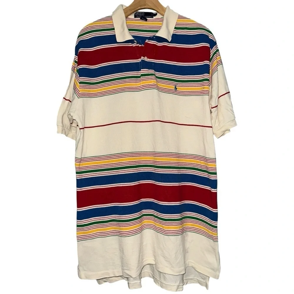 Polo Ralph Lauren Vintage Men’s Size L Cream Red Blue Yellow Striped Polo Shirt